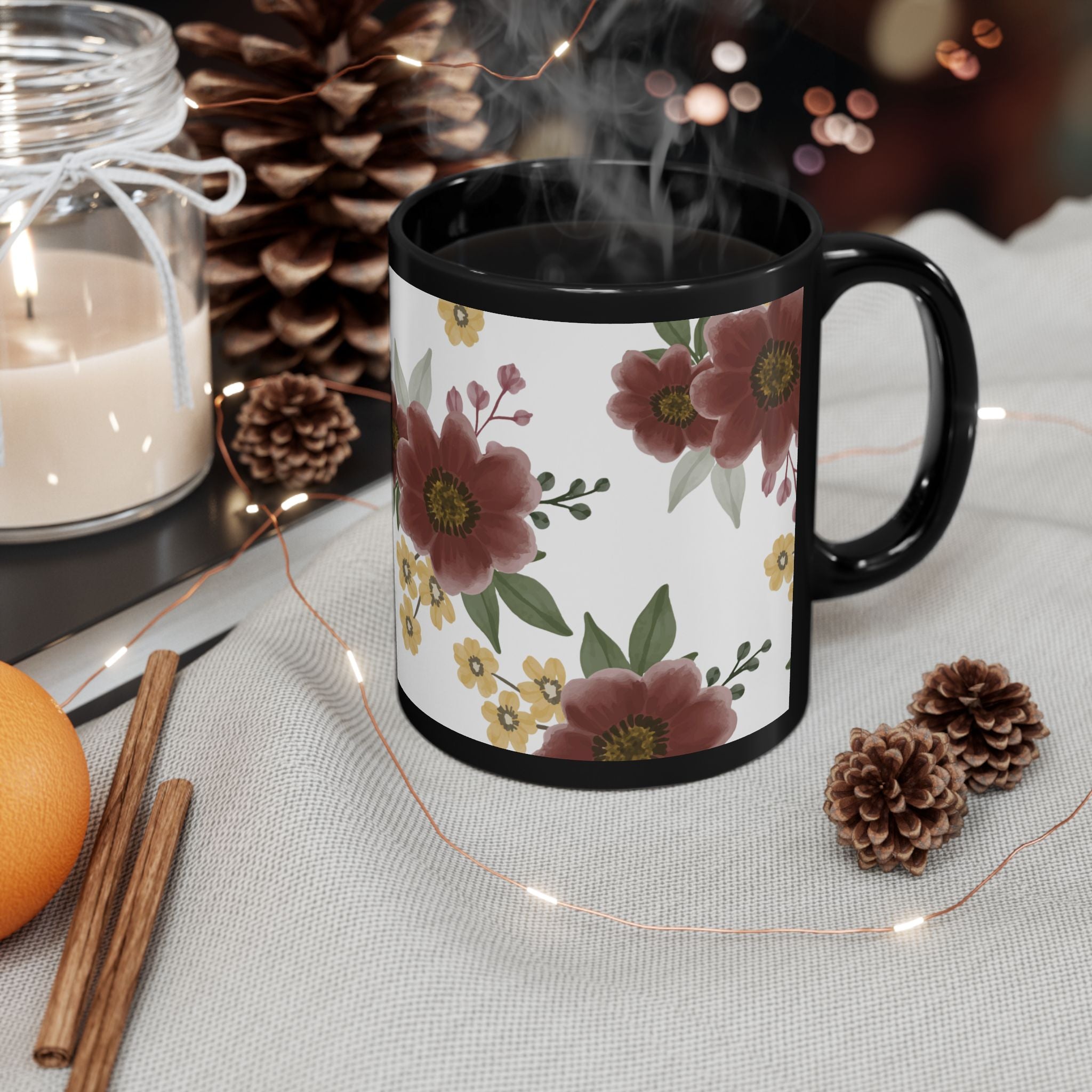 Floral Pattern Black Mug – Pink & Yellow Garden Flowers (11oz/15oz)