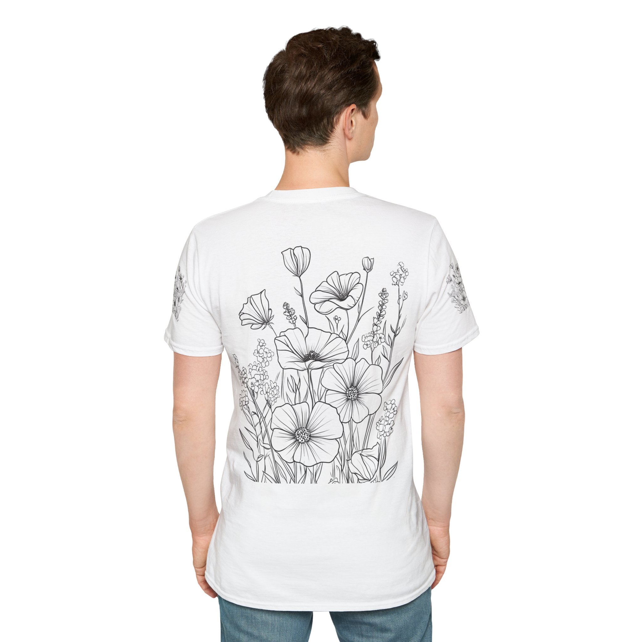 Floral Line Art T-Shirt — Botanical Poppy Sketch Tee