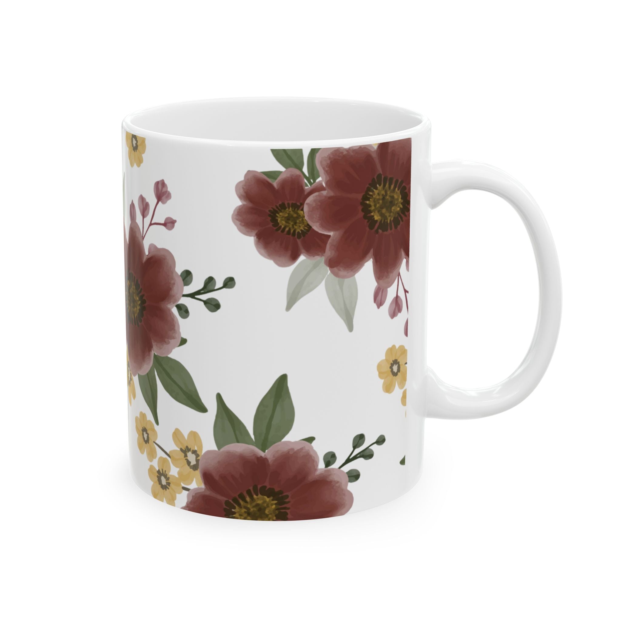 Floral Ceramic Mug – Burgundy & Mustard Wildflower Pattern (11oz & 15oz)
