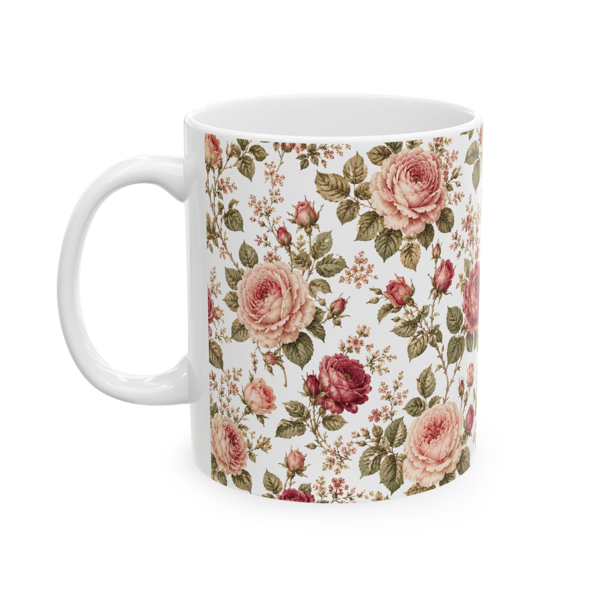Vintage Rose Floral Ceramic Mug — 11oz & 15oz Tea Coffee Cup