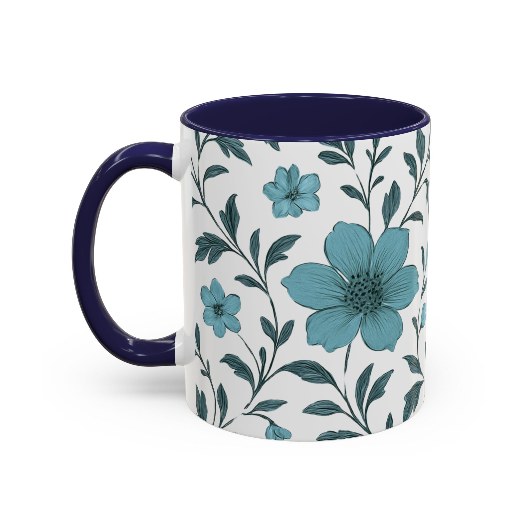 Teal Floral Accent Coffee Mug (11/15oz) – Ceramic Tea & Coffee Cup