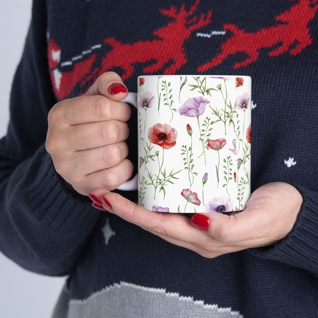 Floral Watercolor Poppy Mug — Botanical 11oz & 15oz Ceramic Coffee Cup