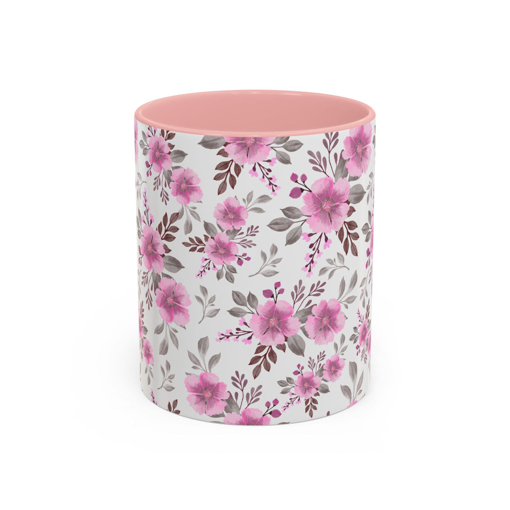 Pink Floral Accent Coffee Mug — Ceramic Rose Pattern 11/15oz