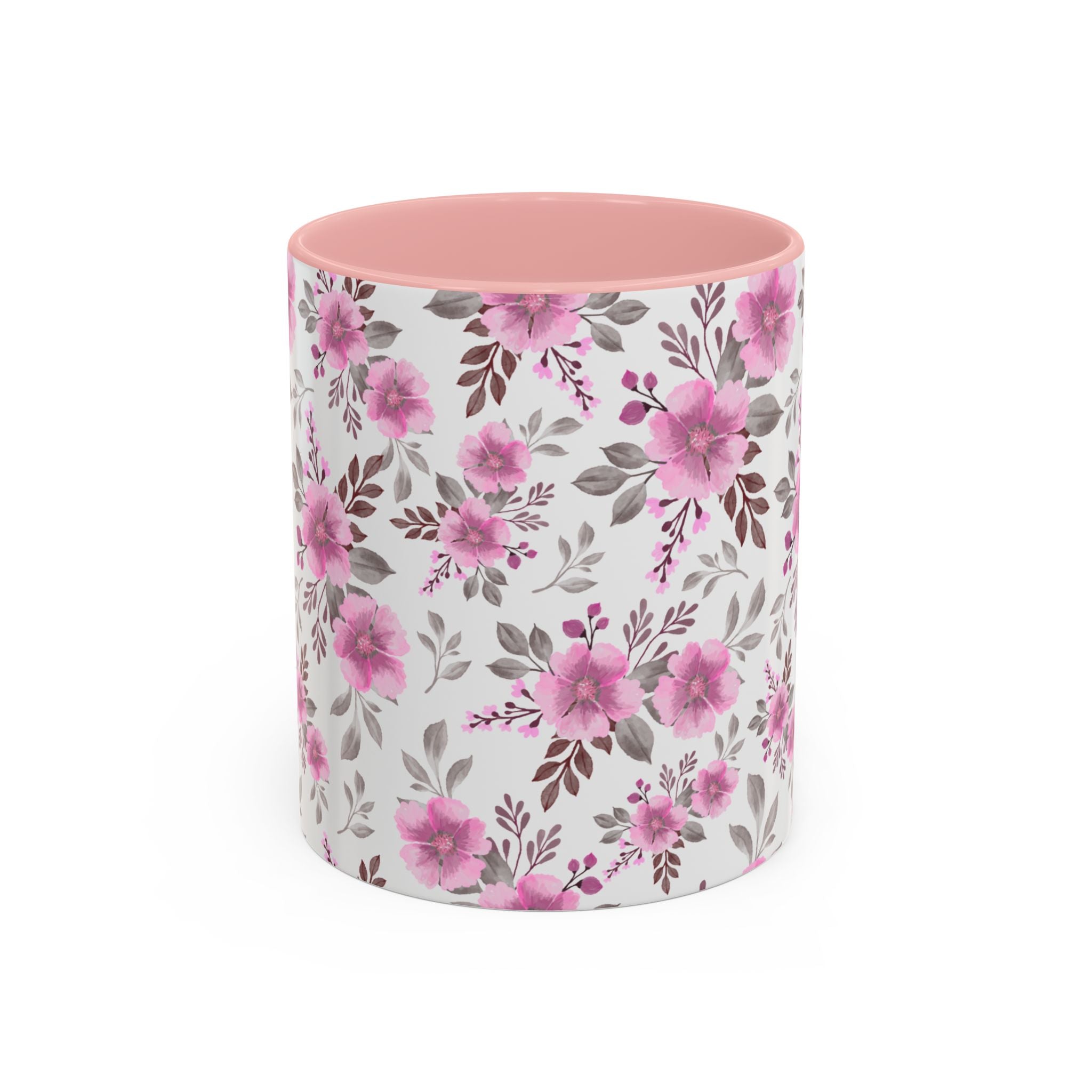 Pink Floral Accent Coffee Mug — Ceramic Rose Pattern 11/15oz