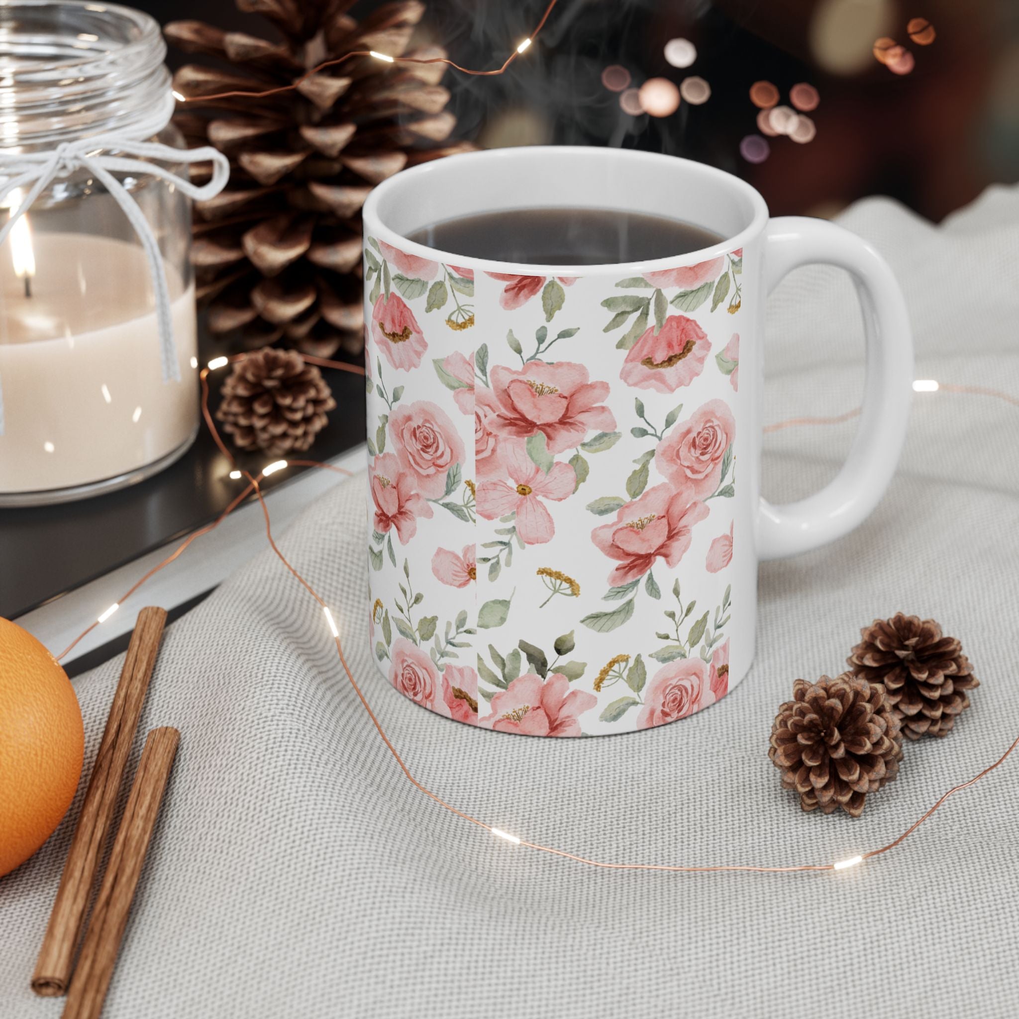 Pink Watercolor Floral Mug – Rose Pattern Ceramic Coffee Cup (11oz & 15oz)