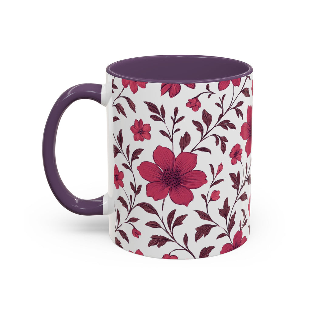 Floral Burgundy Accent Coffee Mug — Pink Blossom Pattern, 11/15oz