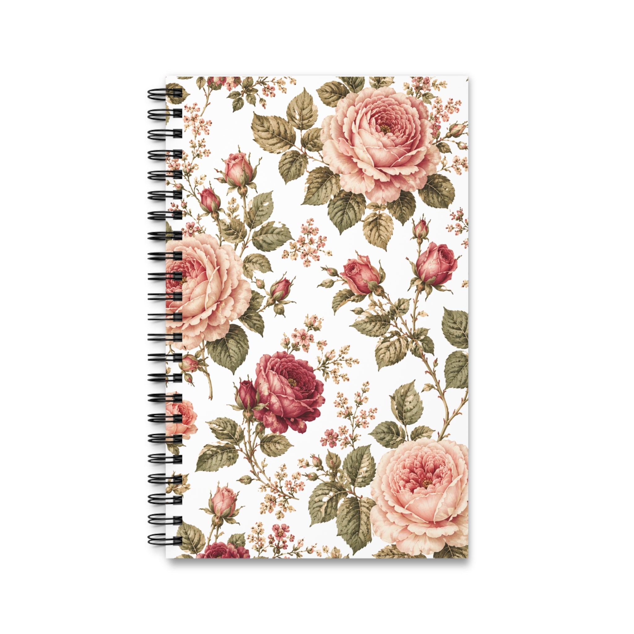 Floral Rose Spiral Journal — Vintage Pink Garden Notebook