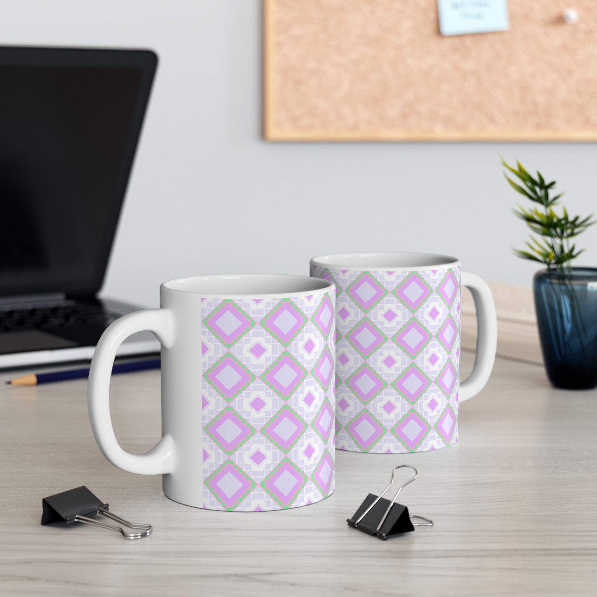Pastel Geometric Ceramic Mug — Lavender Diamond Pattern (11oz, 15oz)