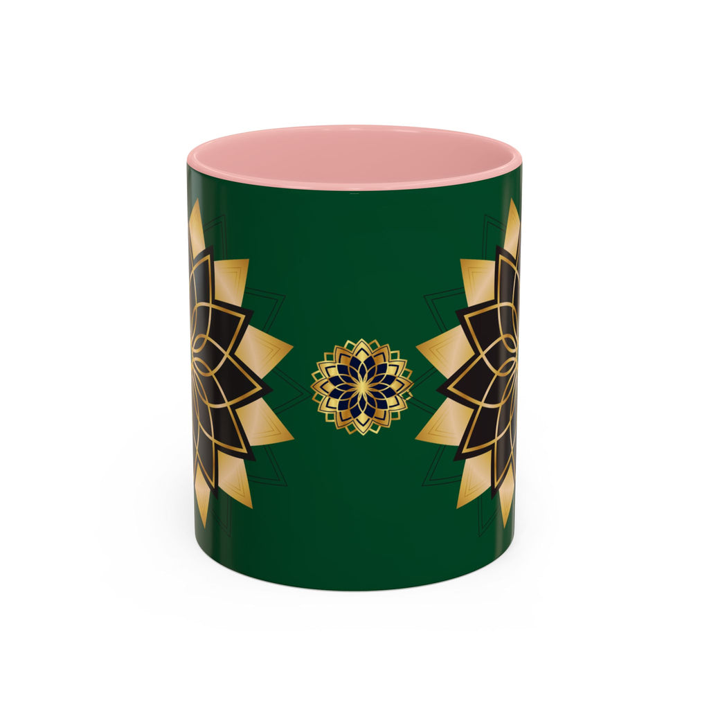 Gold Mandala Accent Coffee Mug — Elegant Green & Black Ceramic 11/15oz