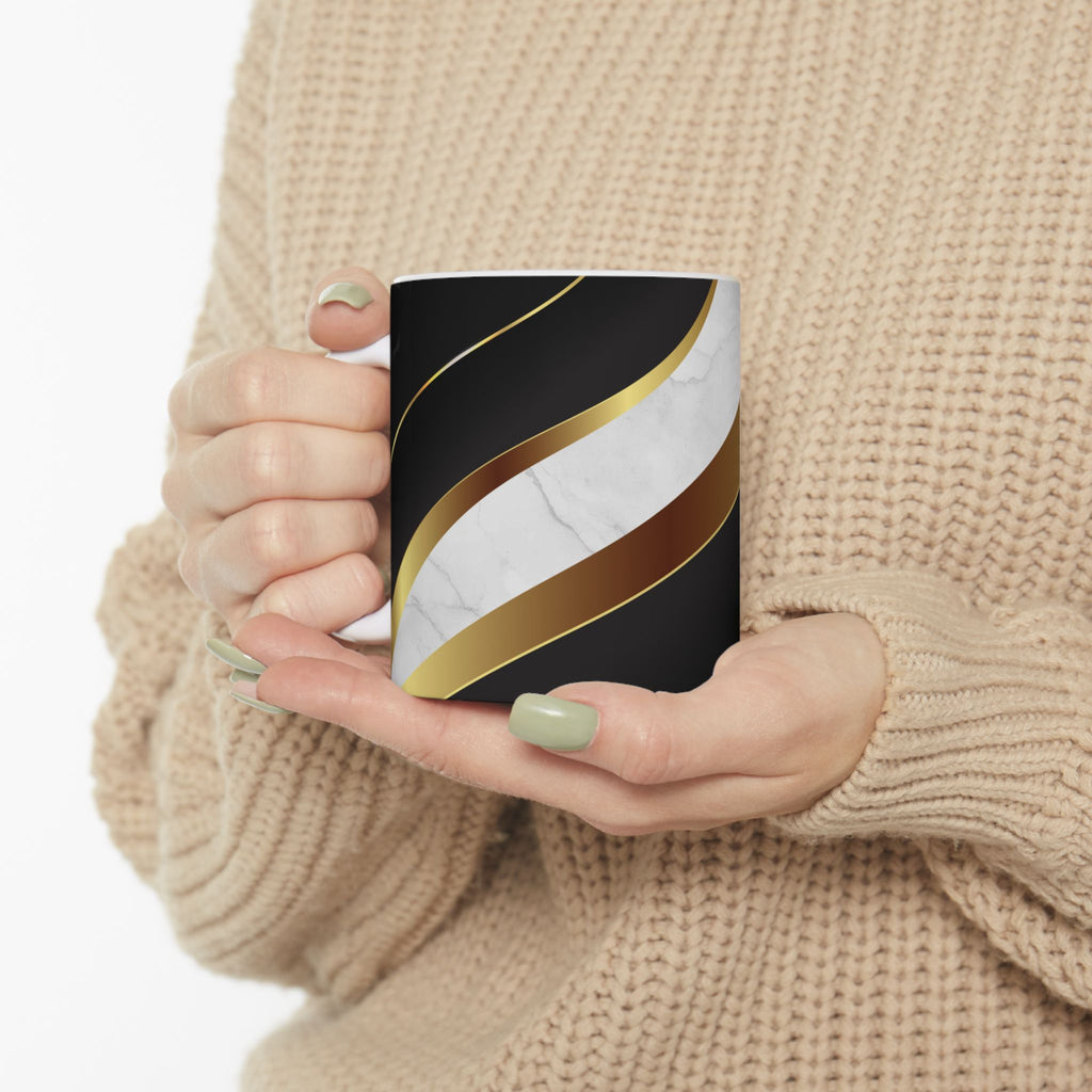 Marble & Gold Stripe Ceramic Mug (11oz, 15oz) — Elegant Black Luxe Coffee Cup
