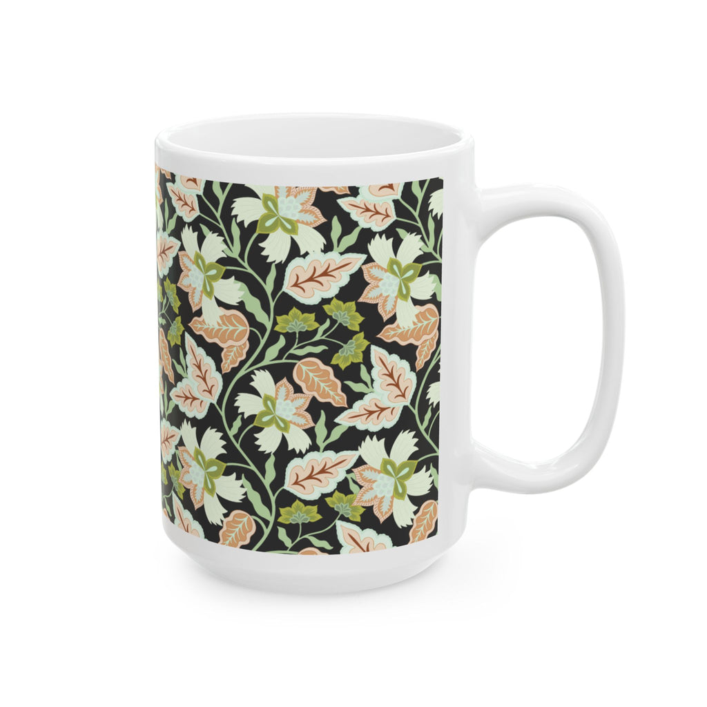 Floral Vine Ceramic Mug — Black Background Vintage Botanical Coffee Cup (11oz, 15oz)