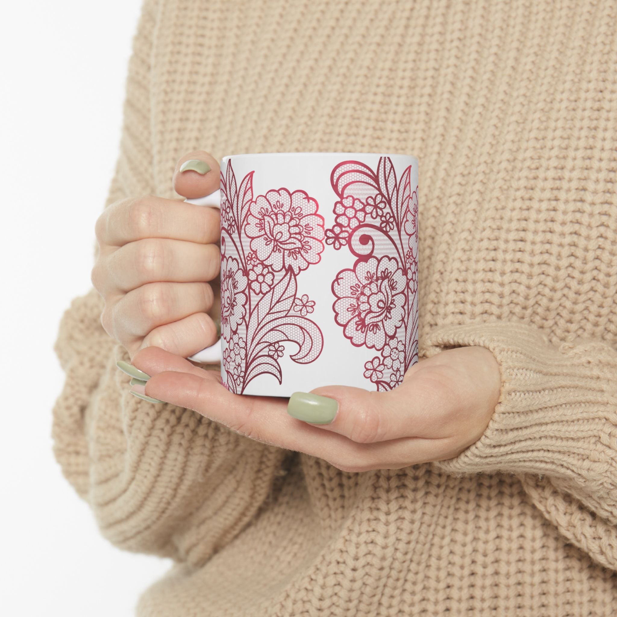 Floral Lace Red Ceramic Mug — Vintage Rose Pattern Coffee Cup (11oz & 15oz)