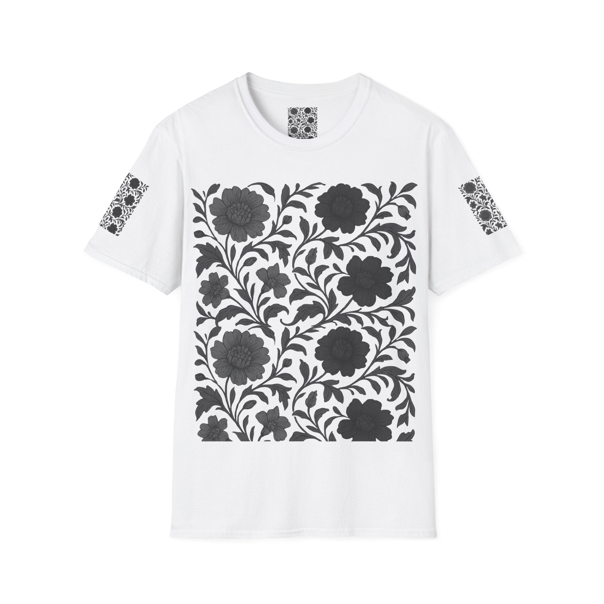 Floral Vintage Tile T‑Shirt — Black & White Botanical Pattern