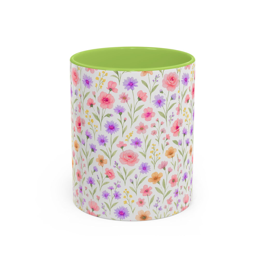 Floral Watercolor Accent Coffee Mug — Pastel Wildflower Pattern (11/15 oz)