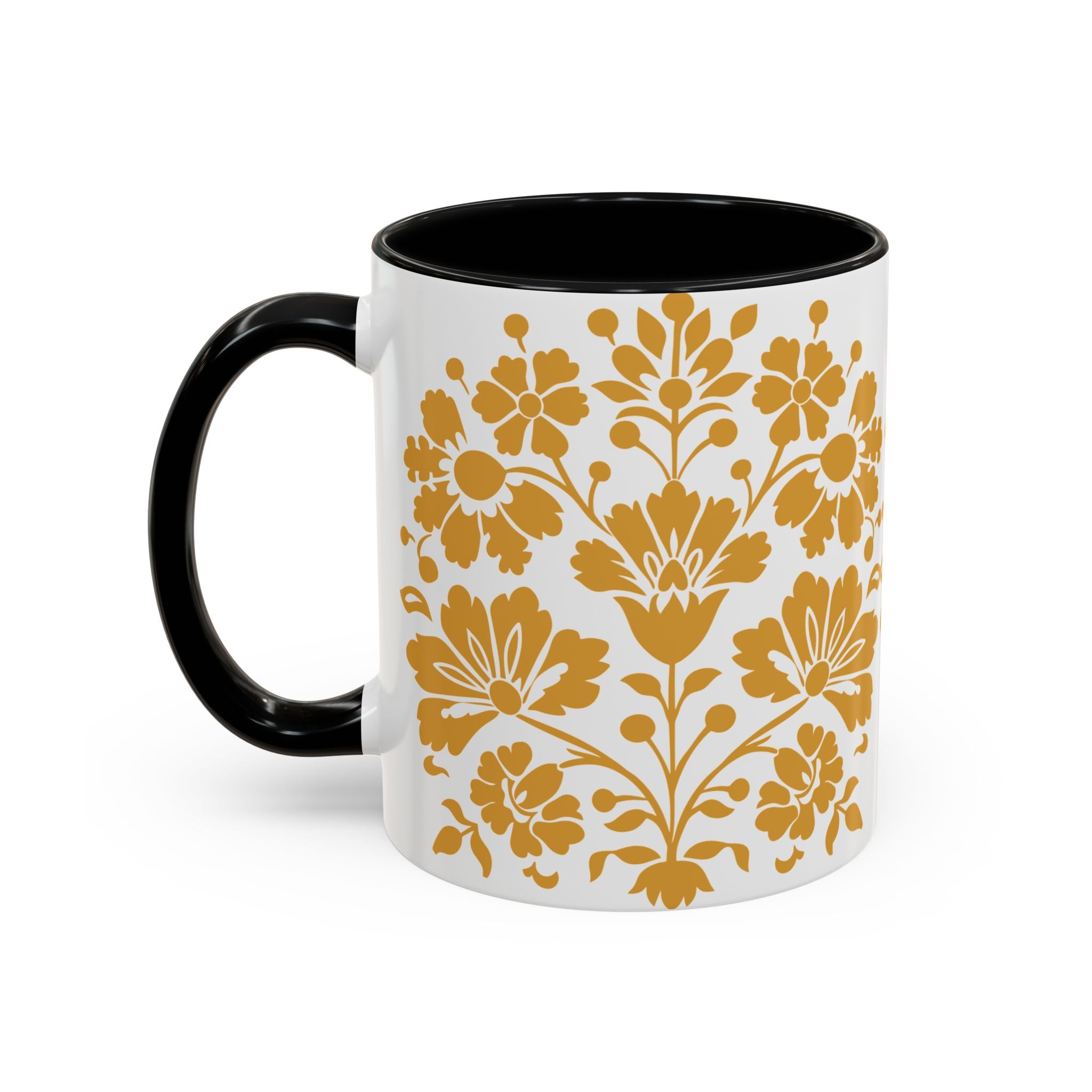 Gold Floral Accent Coffee Mug — Elegant Damask 11/15oz Ceramic