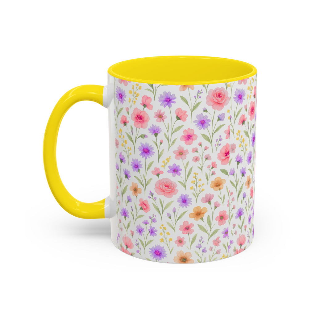 Floral Watercolor Accent Coffee Mug — Pastel Wildflower Pattern (11/15 oz)