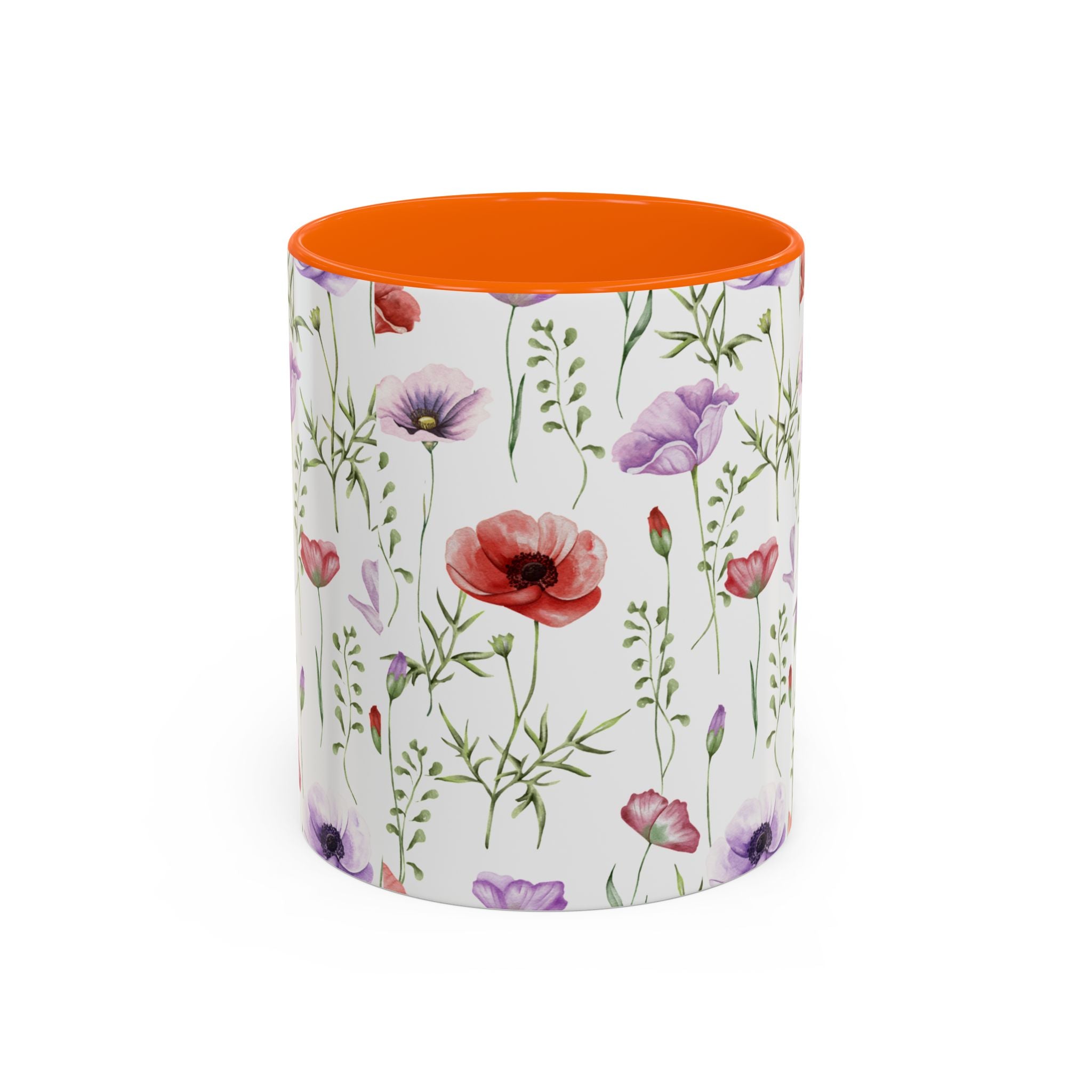 Floral Watercolor Accent Coffee Mug — Poppy & Wildflower Pattern (11/15oz)