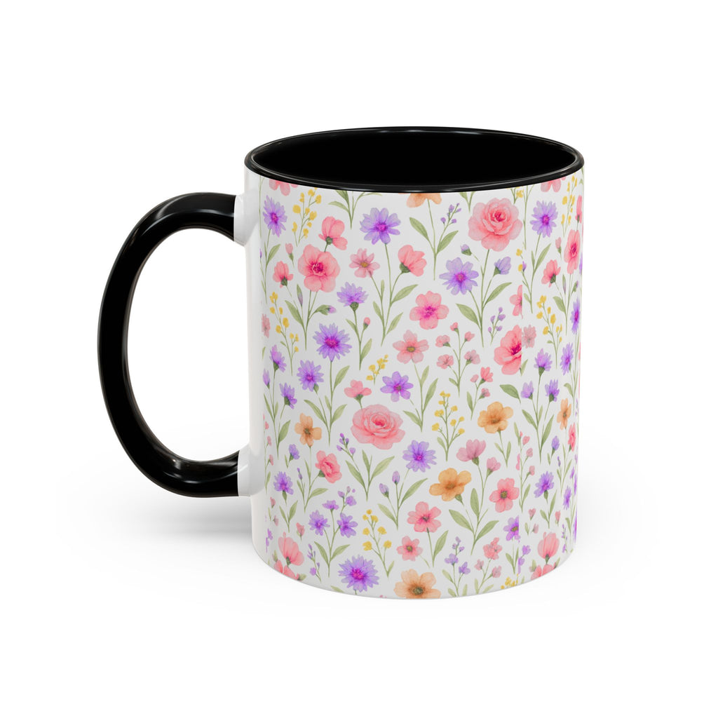 Floral Watercolor Accent Coffee Mug — Pastel Wildflower Pattern (11/15 oz)