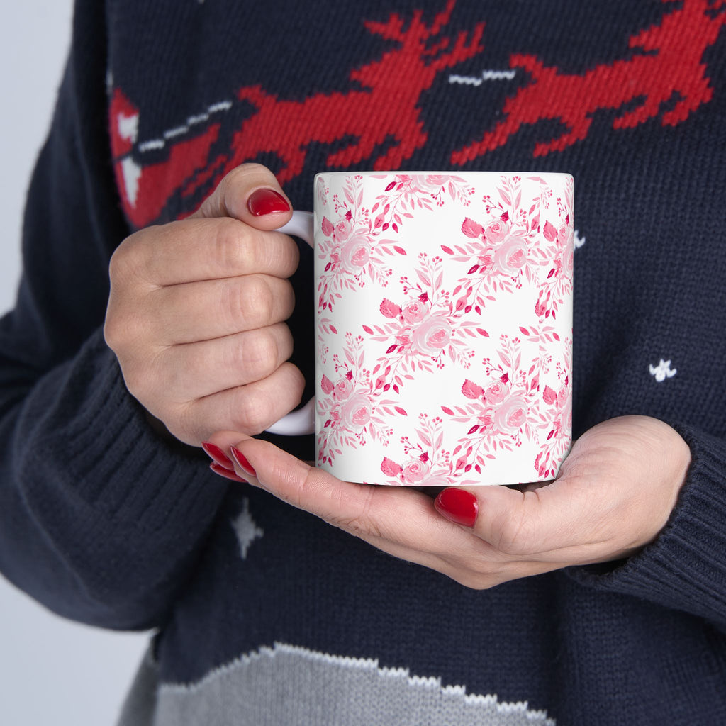 Pink Watercolor Floral Mug — Feminine Rose Pattern Ceramic Coffee Cup (11oz, 15oz)
