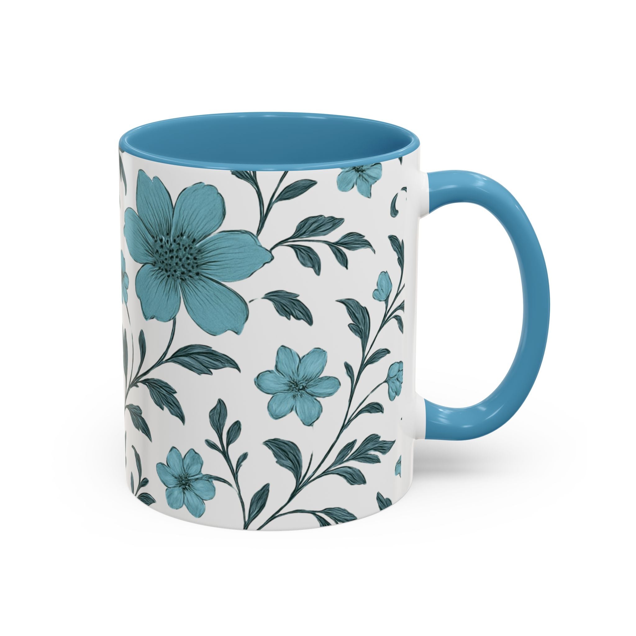 Teal Floral Accent Coffee Mug (11/15oz) – Ceramic Tea & Coffee Cup