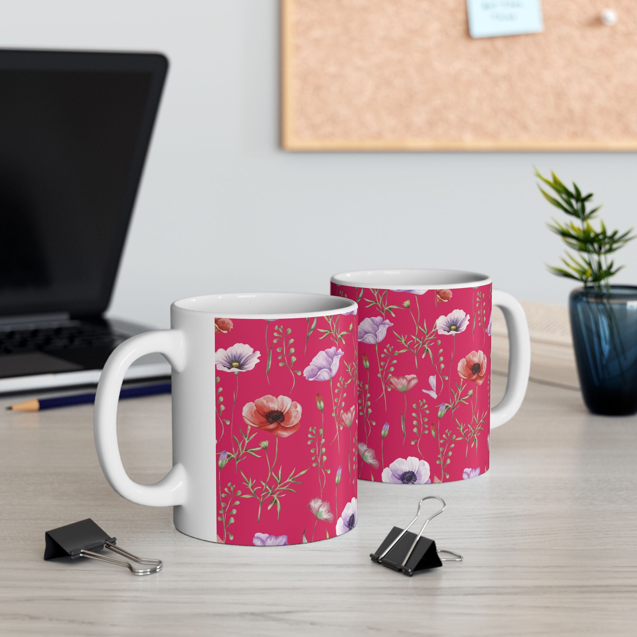 Floral Poppy Pattern Ceramic Mug — Pink Botanical Coffee Cup (11oz/15oz)