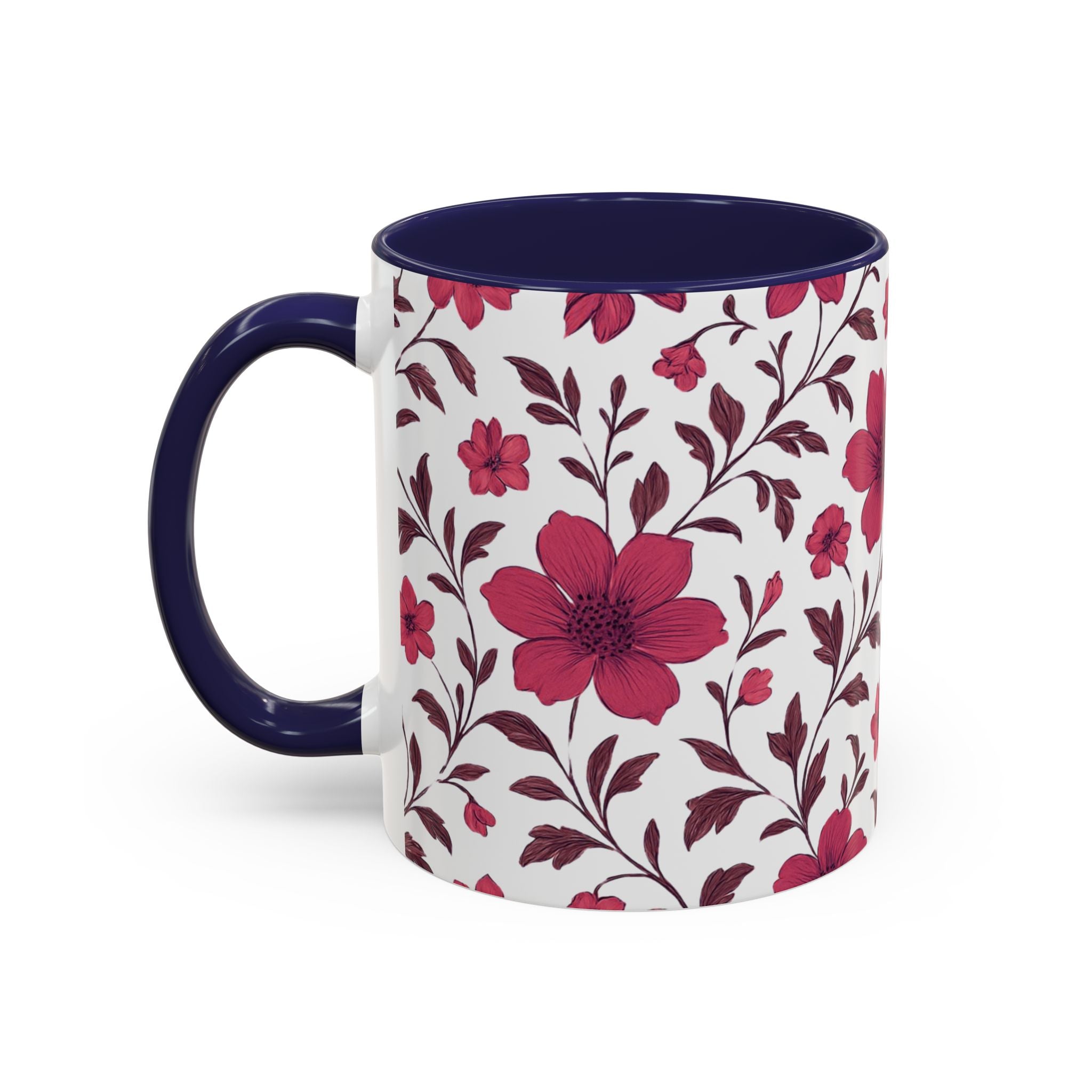 Floral Burgundy Accent Coffee Mug — Pink Blossom Pattern, 11/15oz