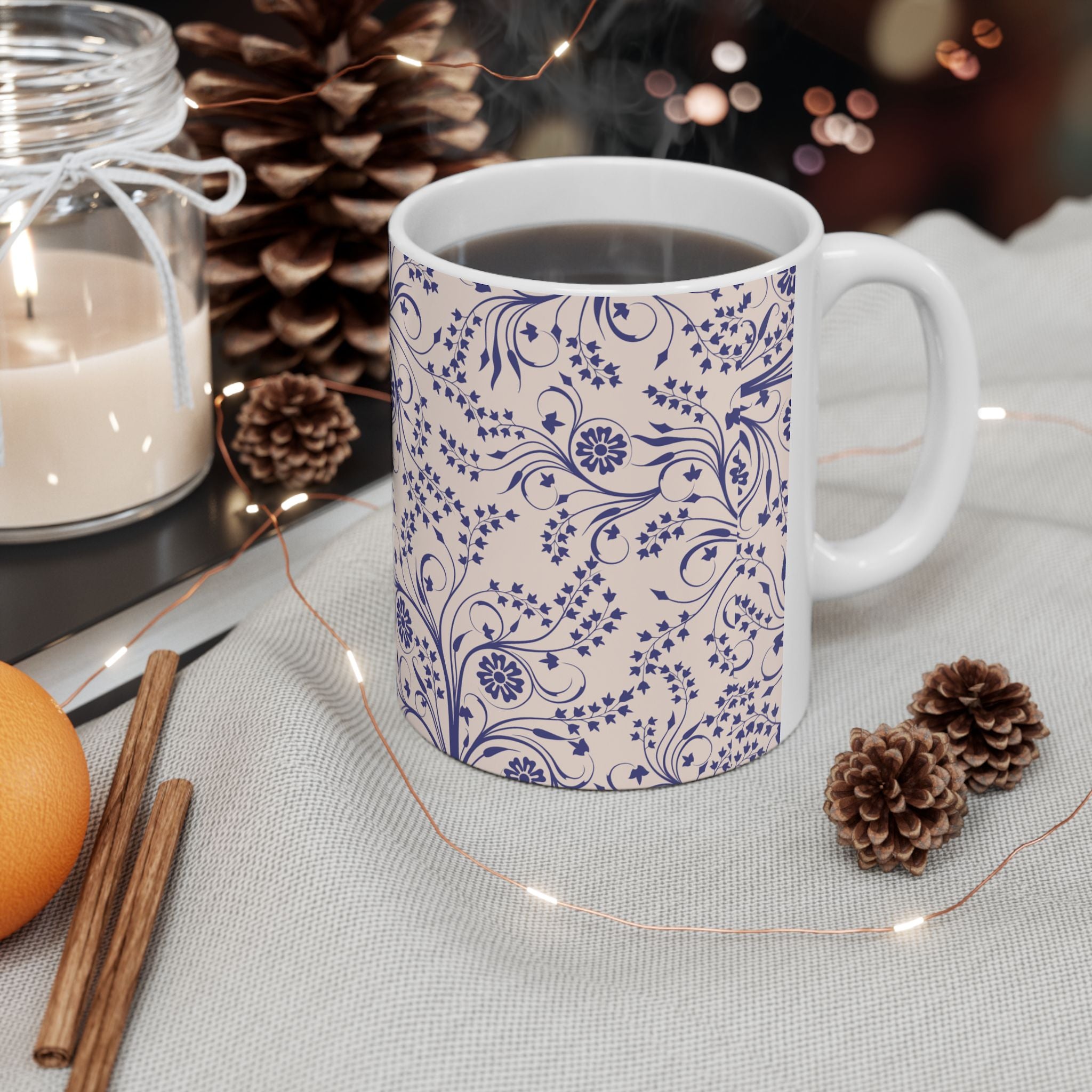 Blue Floral Ceramic Mug – Vintage Vine Pattern Coffee Tea Cup (11oz & 15oz)