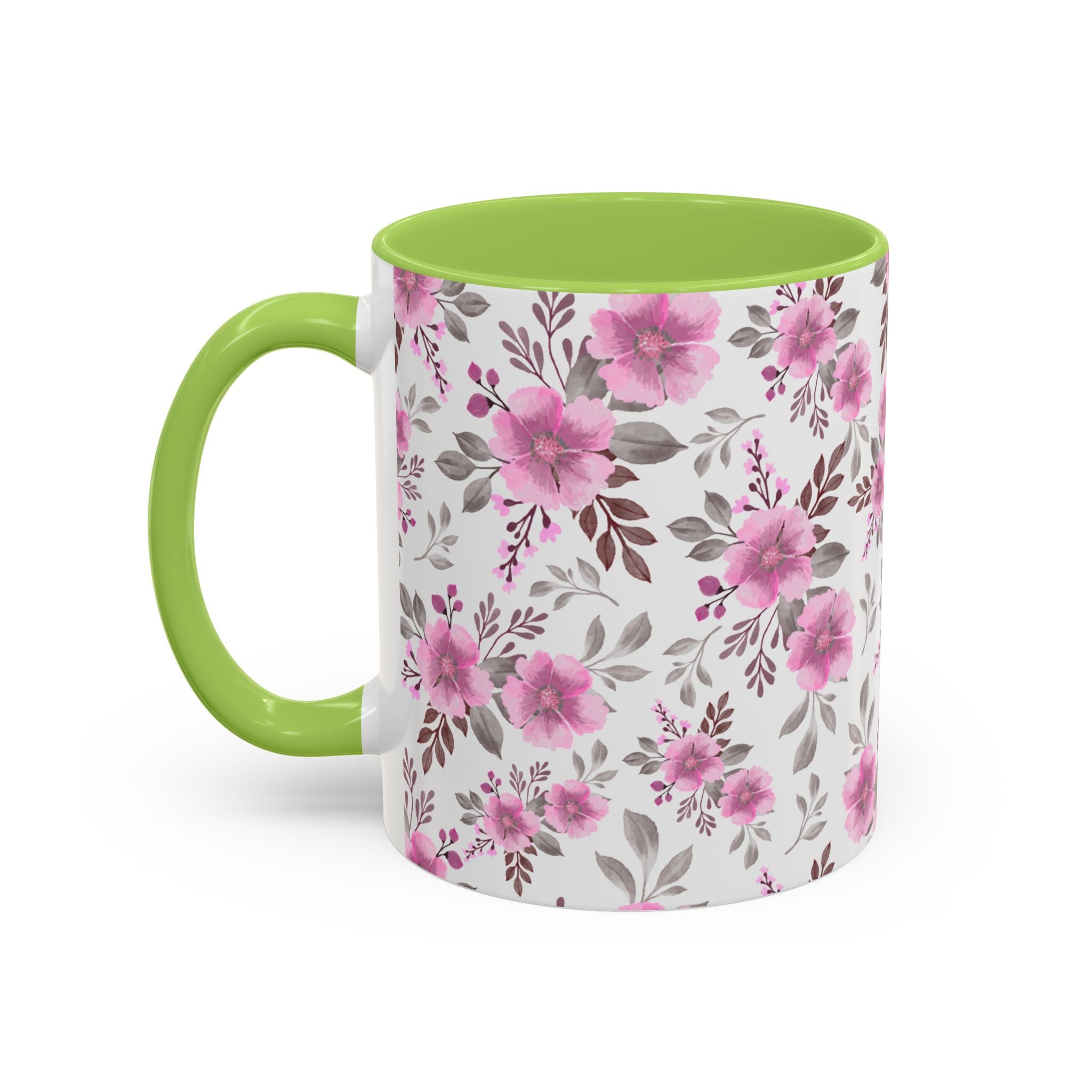 Pink Floral Accent Coffee Mug — Ceramic Rose Pattern 11/15oz