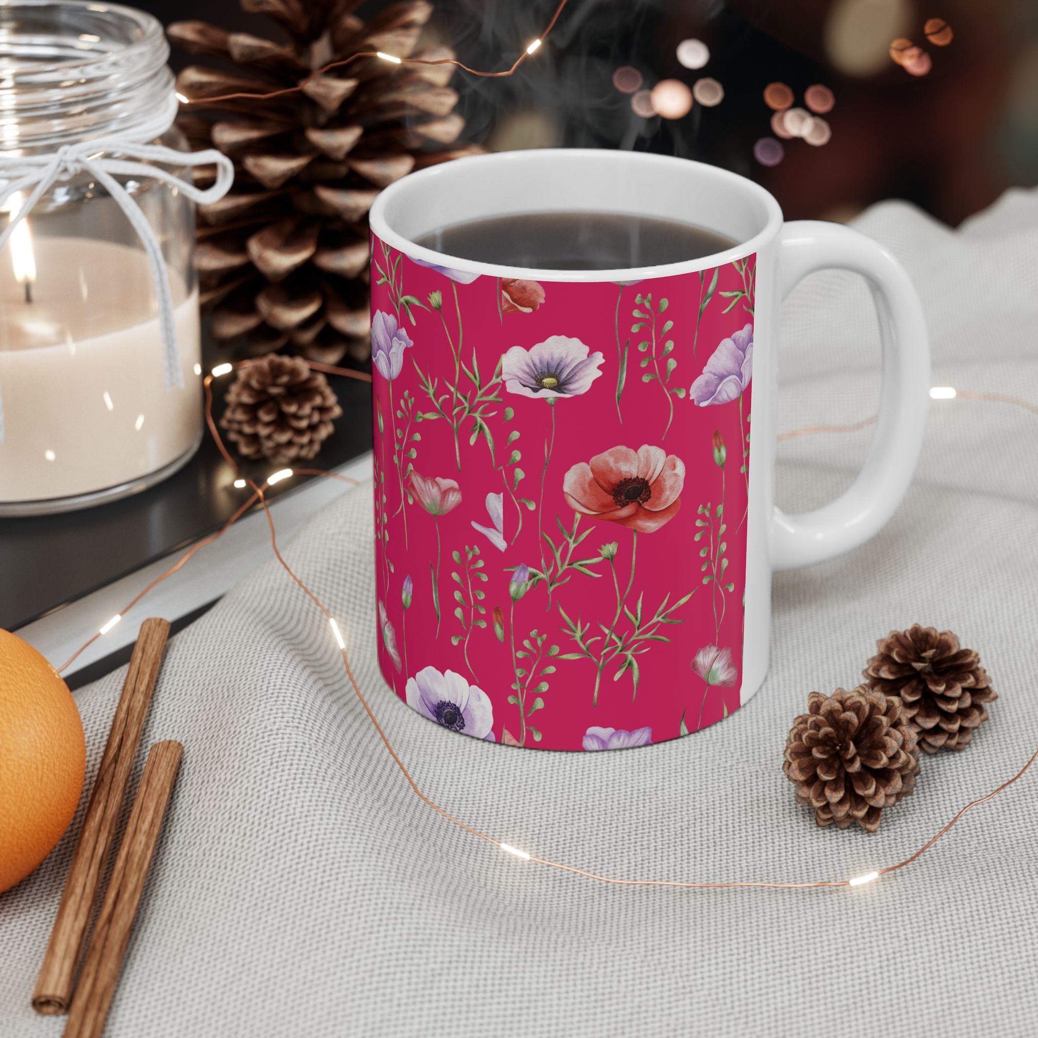 Floral Poppy Pattern Ceramic Mug — Pink Botanical Coffee Cup (11oz/15oz)