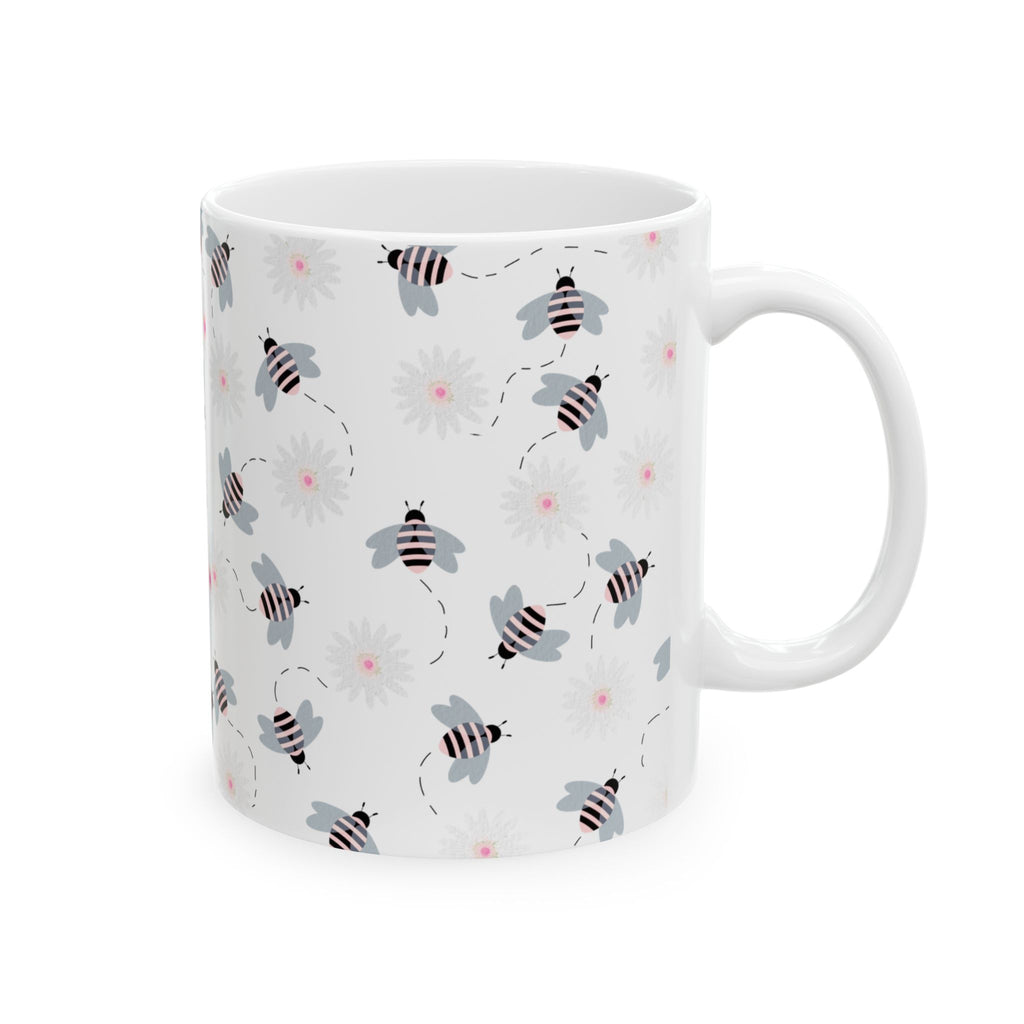 Bee Pattern Ceramic Mug — Cute Striped Bees & Pink Flower Dots, 11oz/15oz