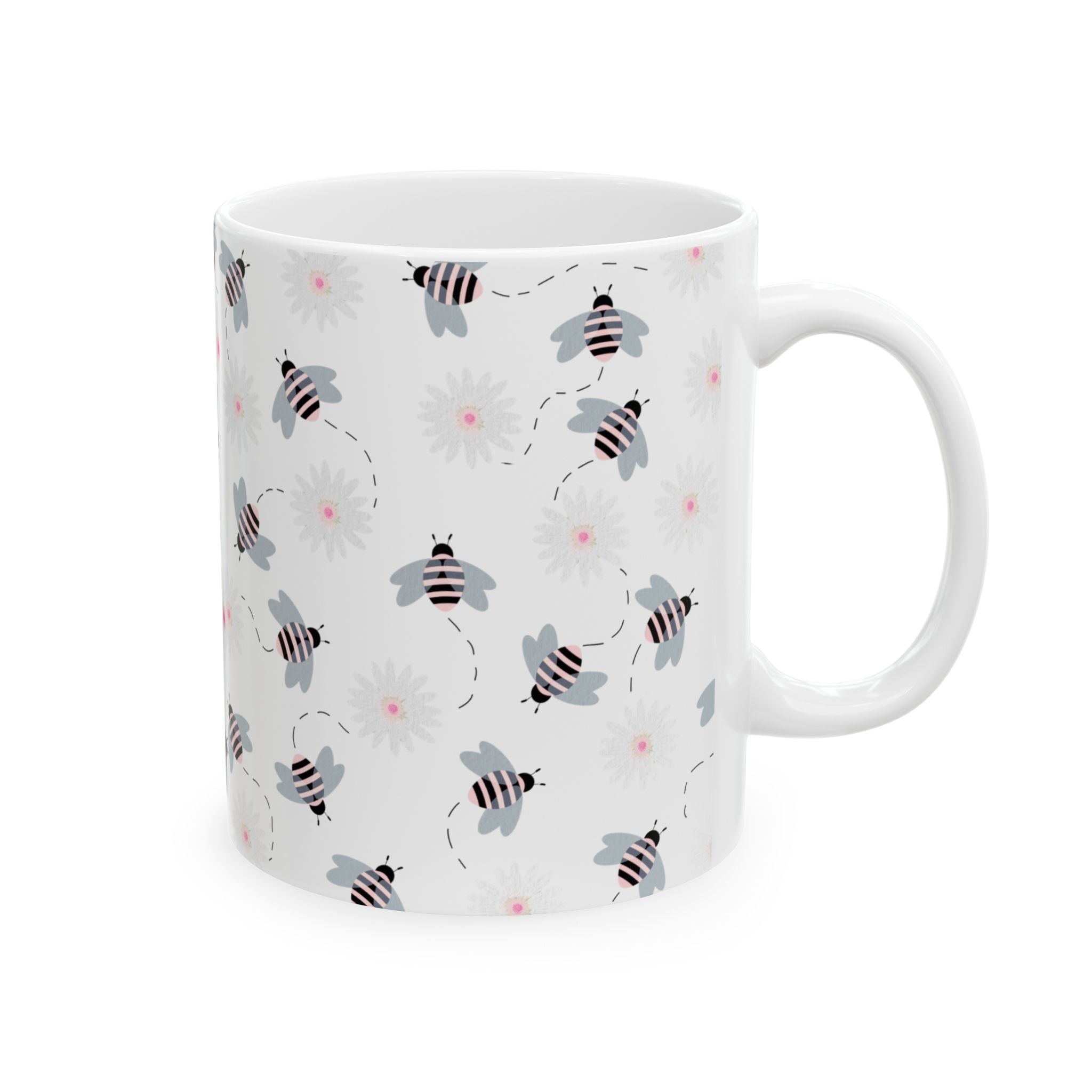 Bee Pattern Ceramic Mug — Cute Striped Bees & Pink Flower Dots, 11oz/15oz