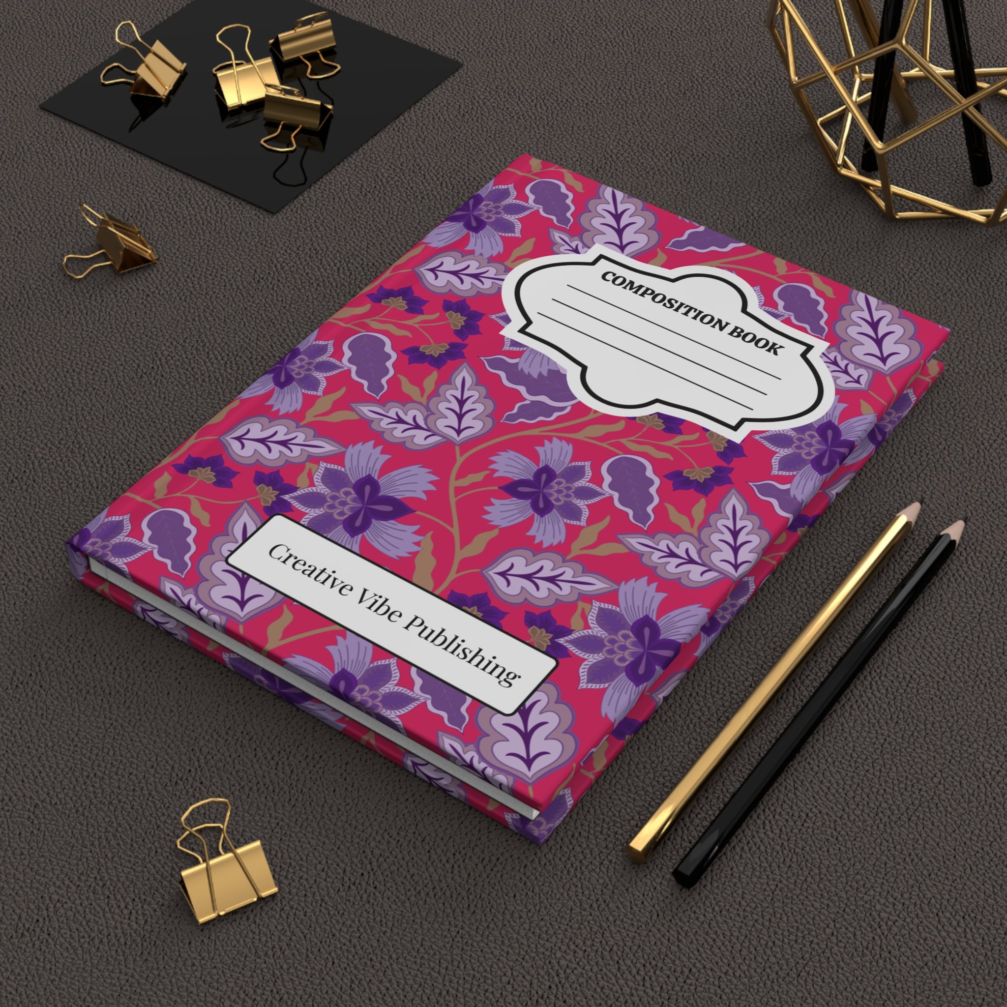 Composition Book Hardcover Journal — Floral Pink & Purple Pattern, Lined Notebook for School, Notes & Journaling