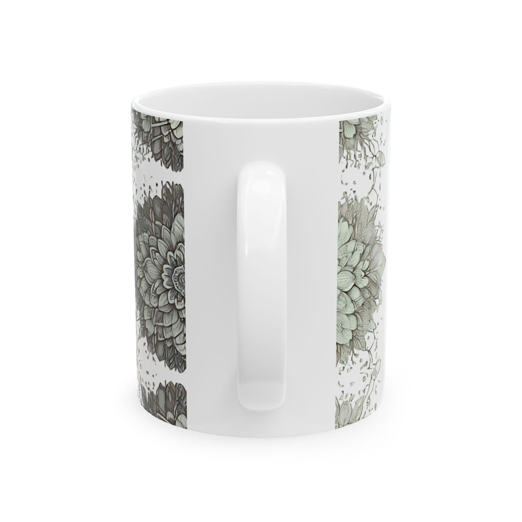 Floral Mandala Ceramic Mug — Green Succulent Pattern (11oz & 15oz)