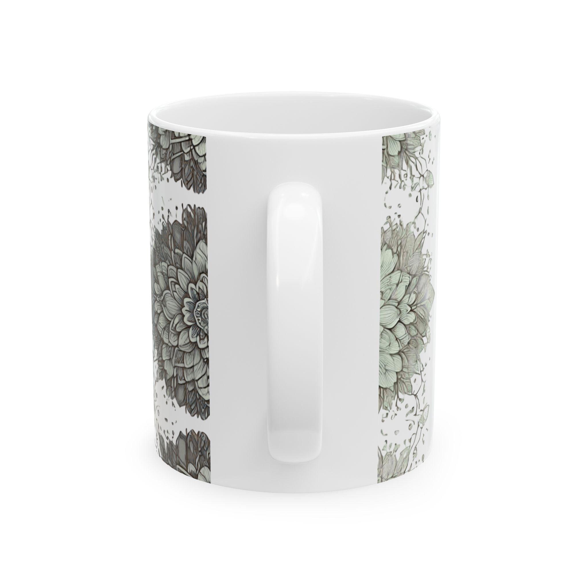 Floral Mandala Ceramic Mug — Green Succulent Pattern (11oz & 15oz)