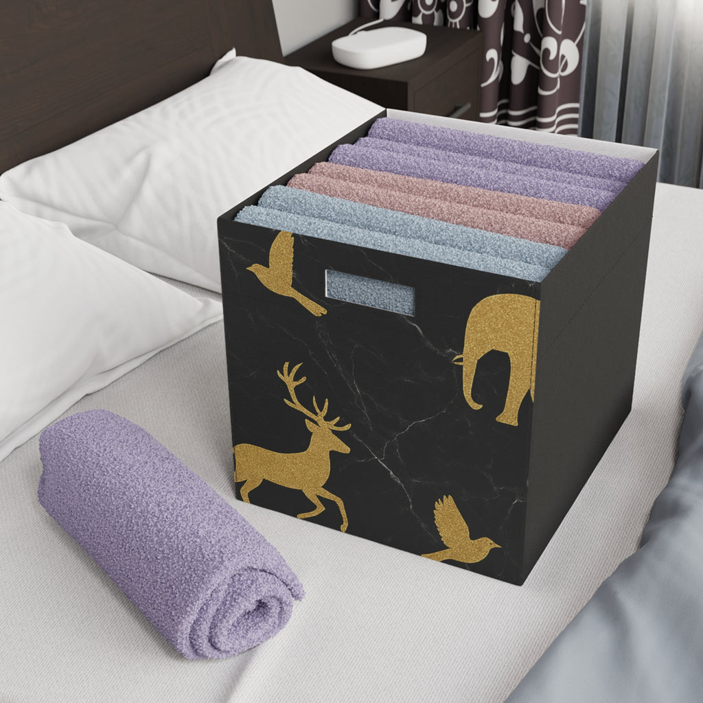Gold Deer Felt Storage Box – Marble Black Foldable Bin for Holiday & Home Organization