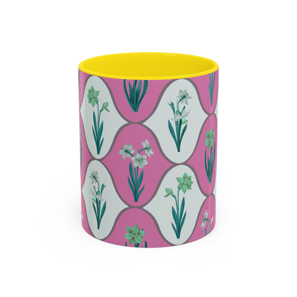 Floral Wave Accent Coffee Mug – Pink Retro Daffodil Pattern (11/15oz)