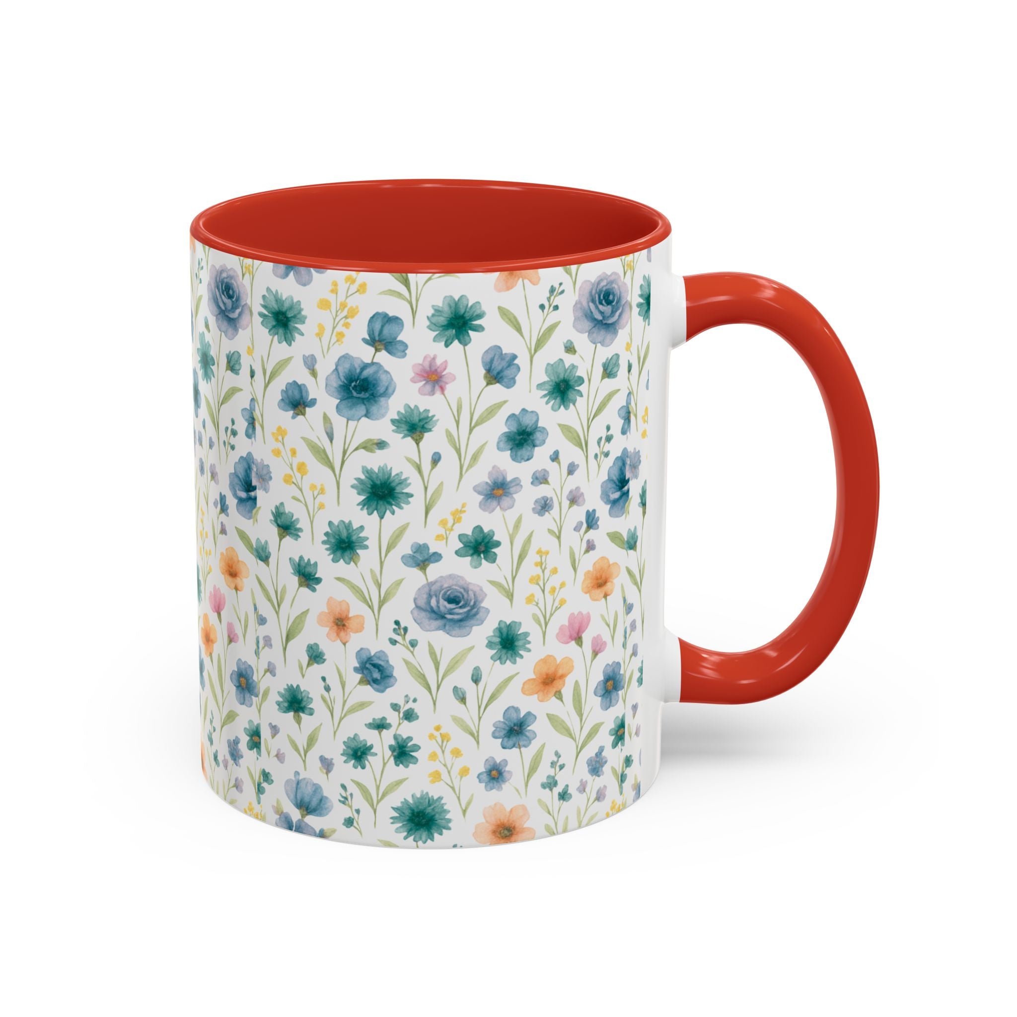 Floral Watercolor Accent Coffee Mug — Blue & Peach Wildflower Pattern (11/15oz)