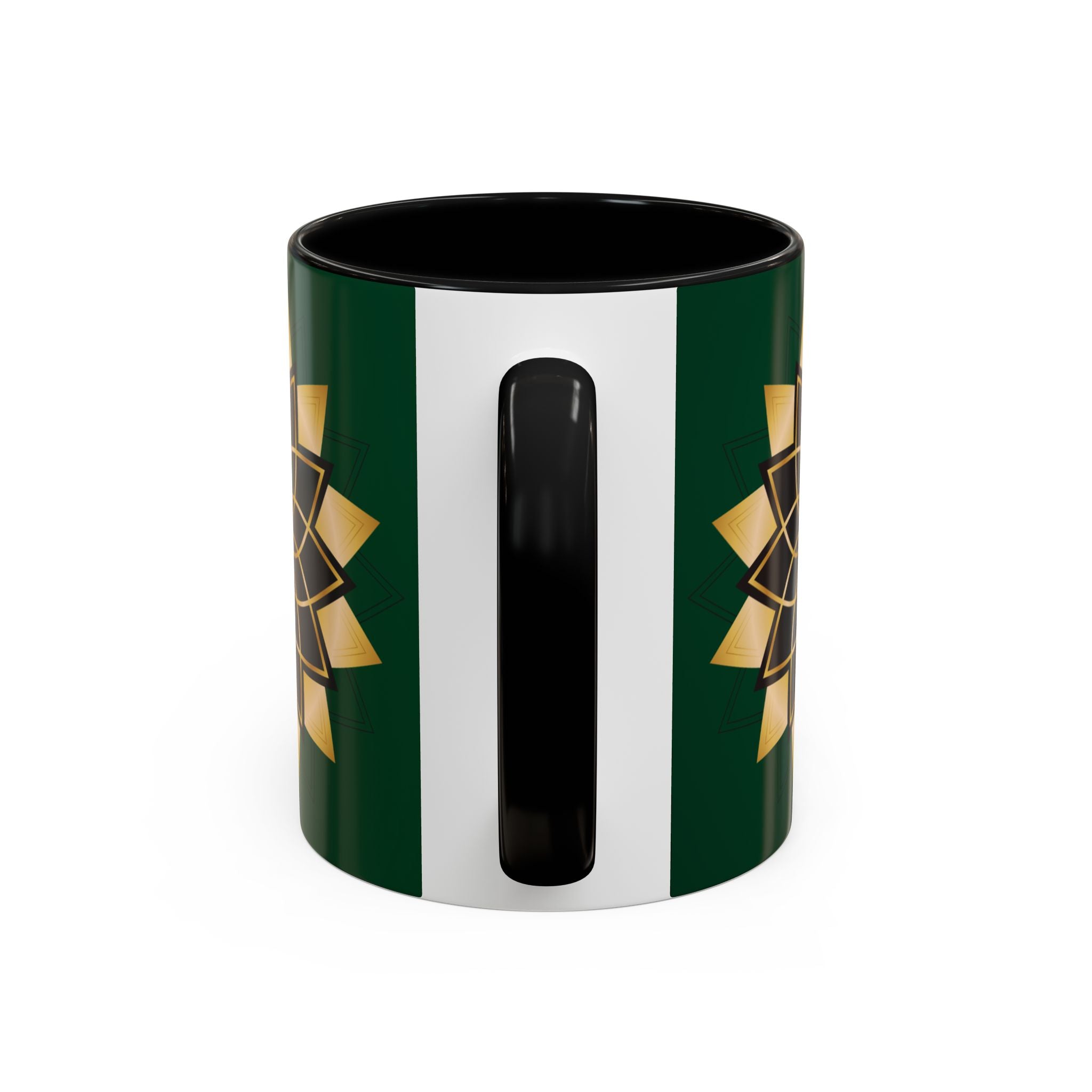 Gold Mandala Accent Coffee Mug — Elegant Green & Black Ceramic 11/15oz