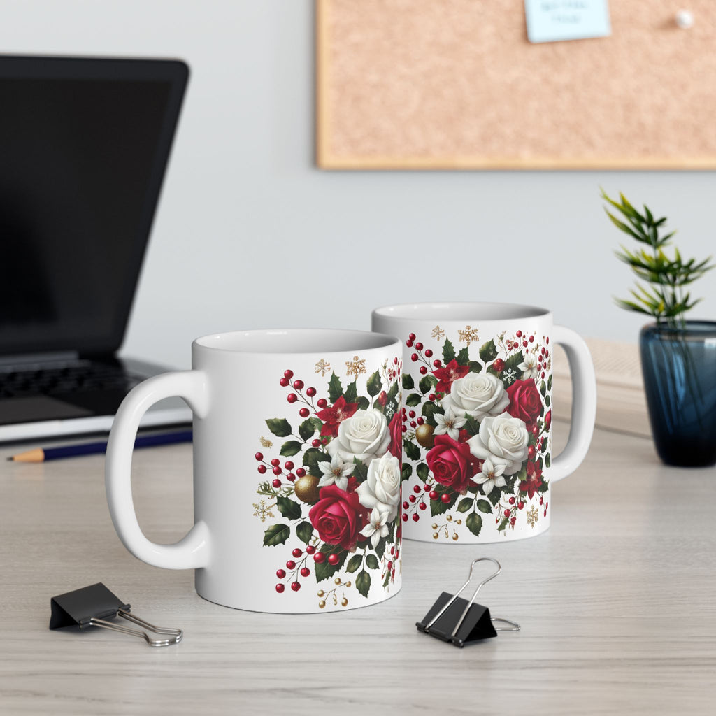 Holiday Floral Mug — Red & White Rose Christmas Coffee Cup (11oz, 15oz)