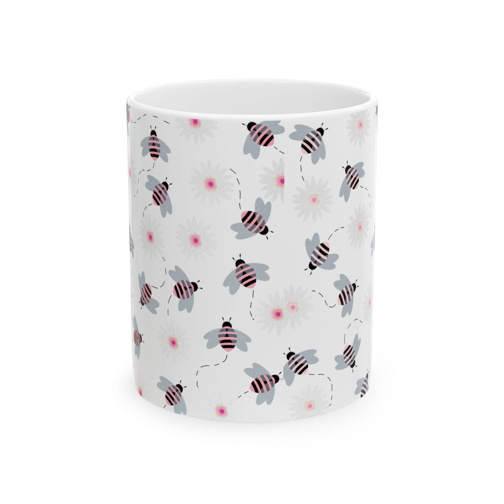 Bee Pattern Ceramic Mug — Cute Striped Bees & Pink Flower Dots, 11oz/15oz