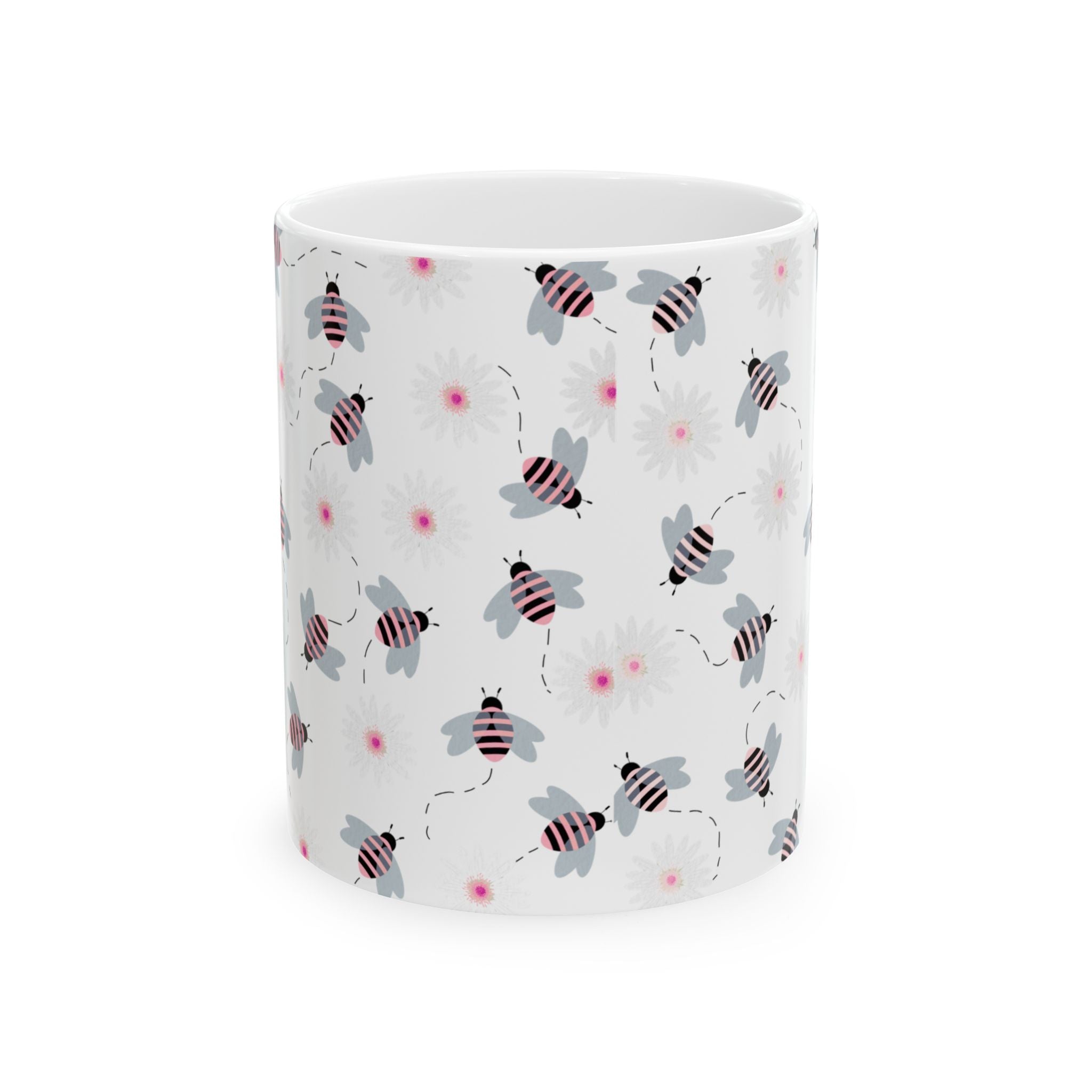 Bee Pattern Ceramic Mug — Cute Striped Bees & Pink Flower Dots, 11oz/15oz