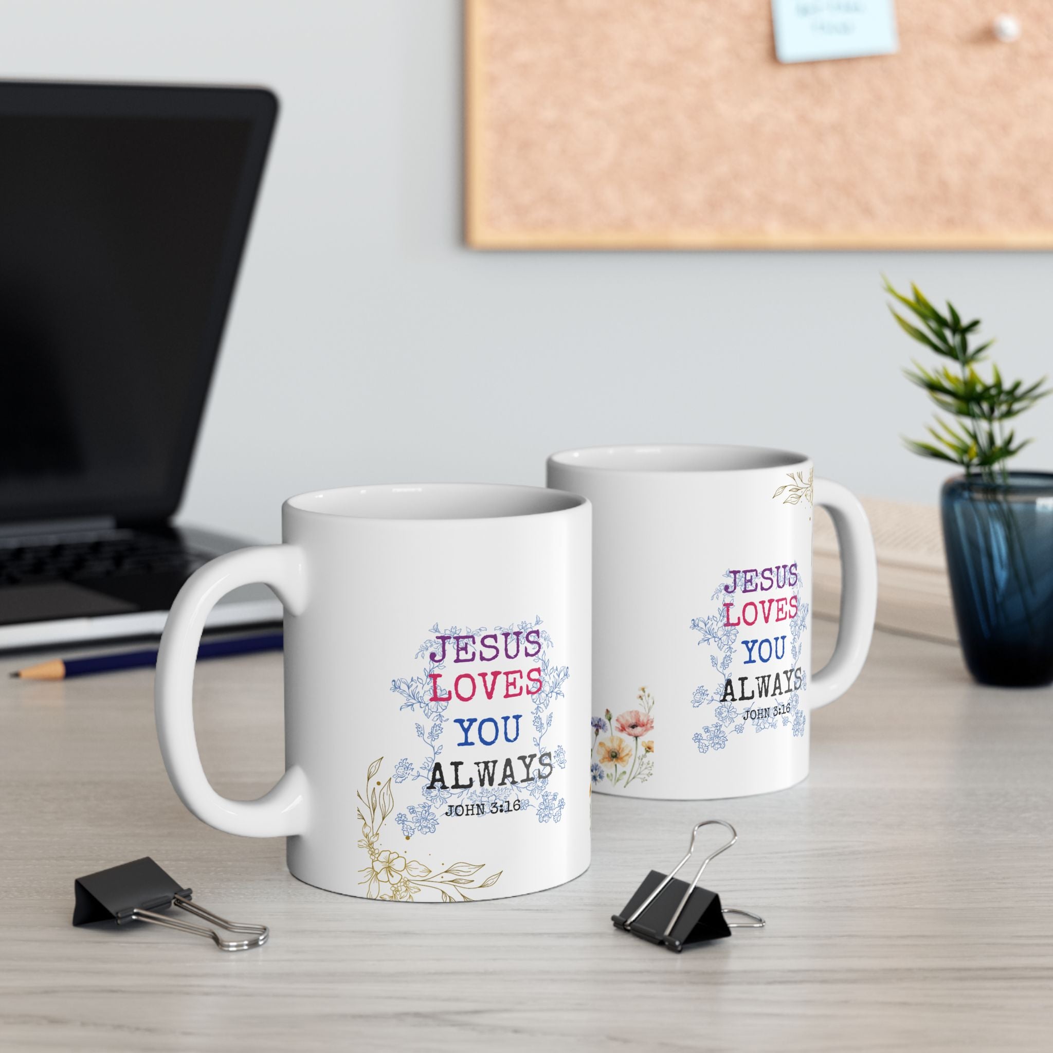Floral 'Jesus Loves You' Ceramic Mug — Inspirational Christian Coffee Cup (11oz, 15oz)