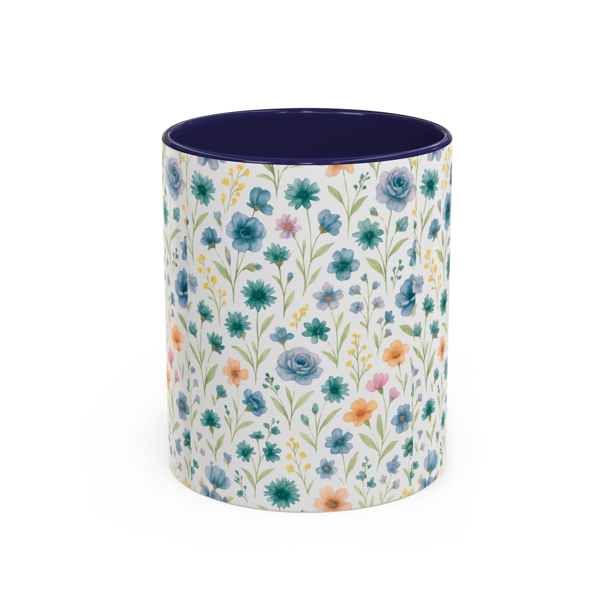 Floral Watercolor Accent Coffee Mug — Blue & Peach Wildflower Pattern (11/15oz)