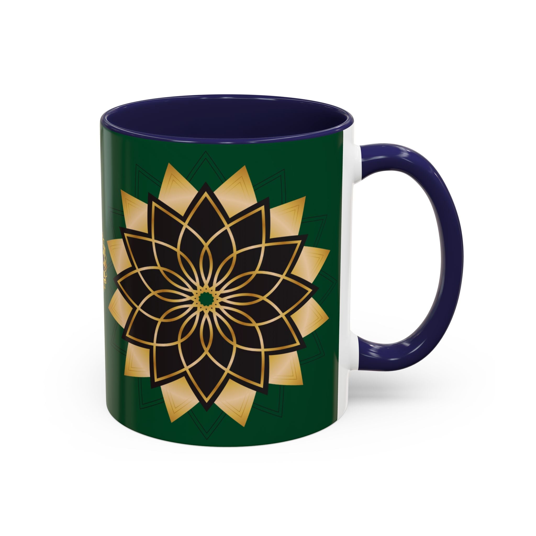 Gold Mandala Accent Coffee Mug — Elegant Green & Black Ceramic 11/15oz