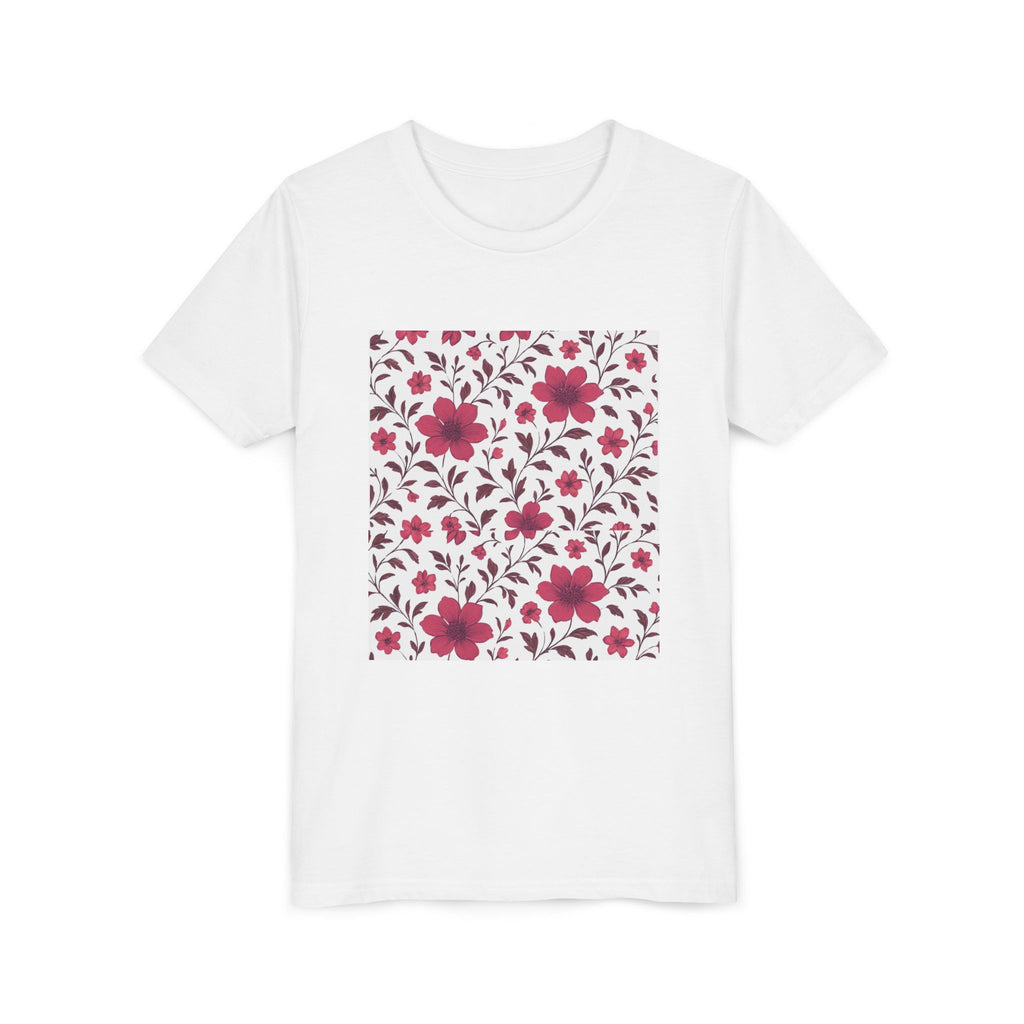 Girls Floral Pattern Youth Tee — Pink Red Blossom Short Sleeve Shirt