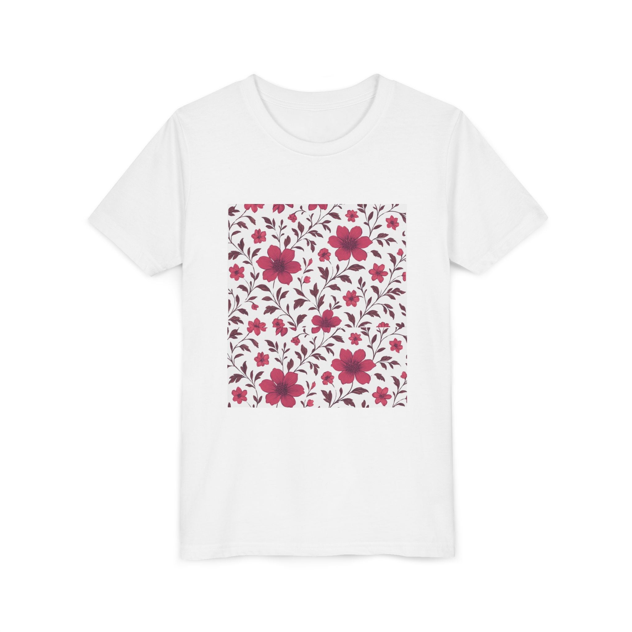 Girls Floral Pattern Youth Tee — Pink Red Blossom Short Sleeve Shirt