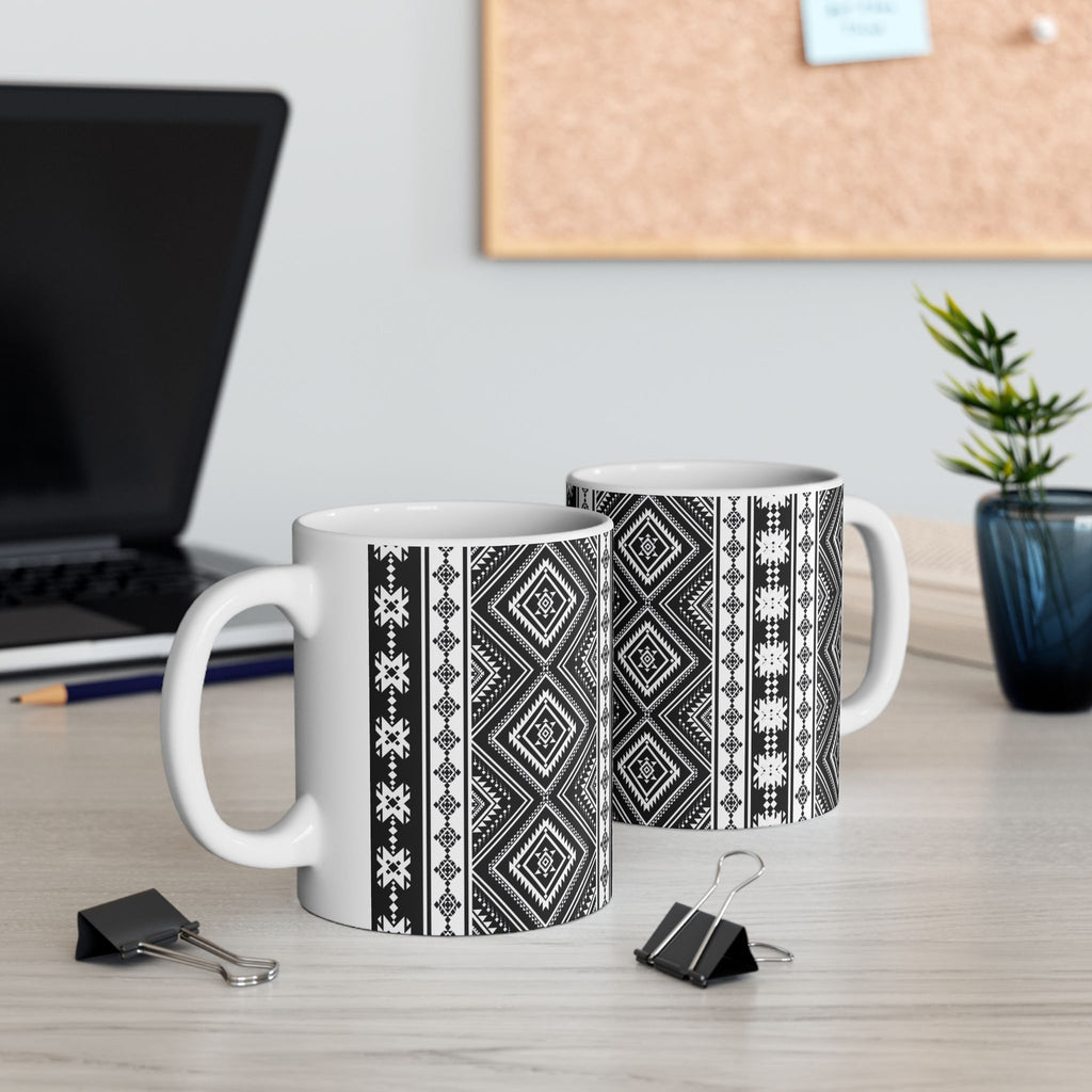 Black & White Aztec Pattern Ceramic Mug — Geometric Tribal Design (11oz/15oz)