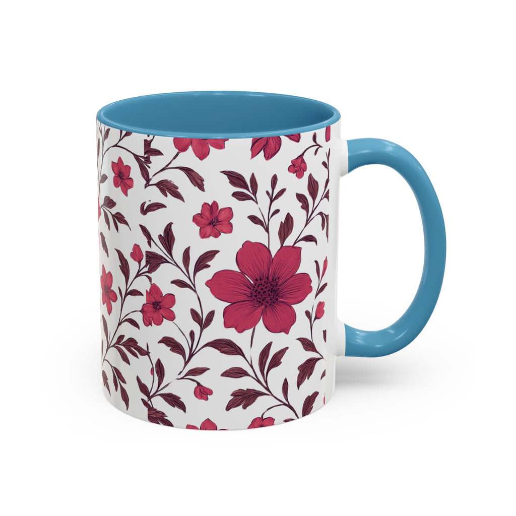 Floral Burgundy Accent Coffee Mug — Pink Blossom Pattern, 11/15oz