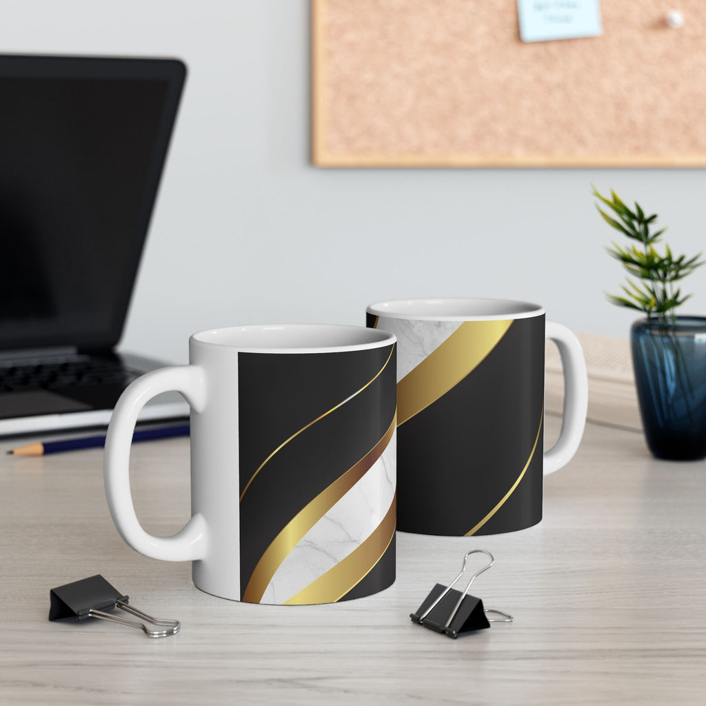 Marble & Gold Stripe Ceramic Mug (11oz, 15oz) — Elegant Black Luxe Coffee Cup