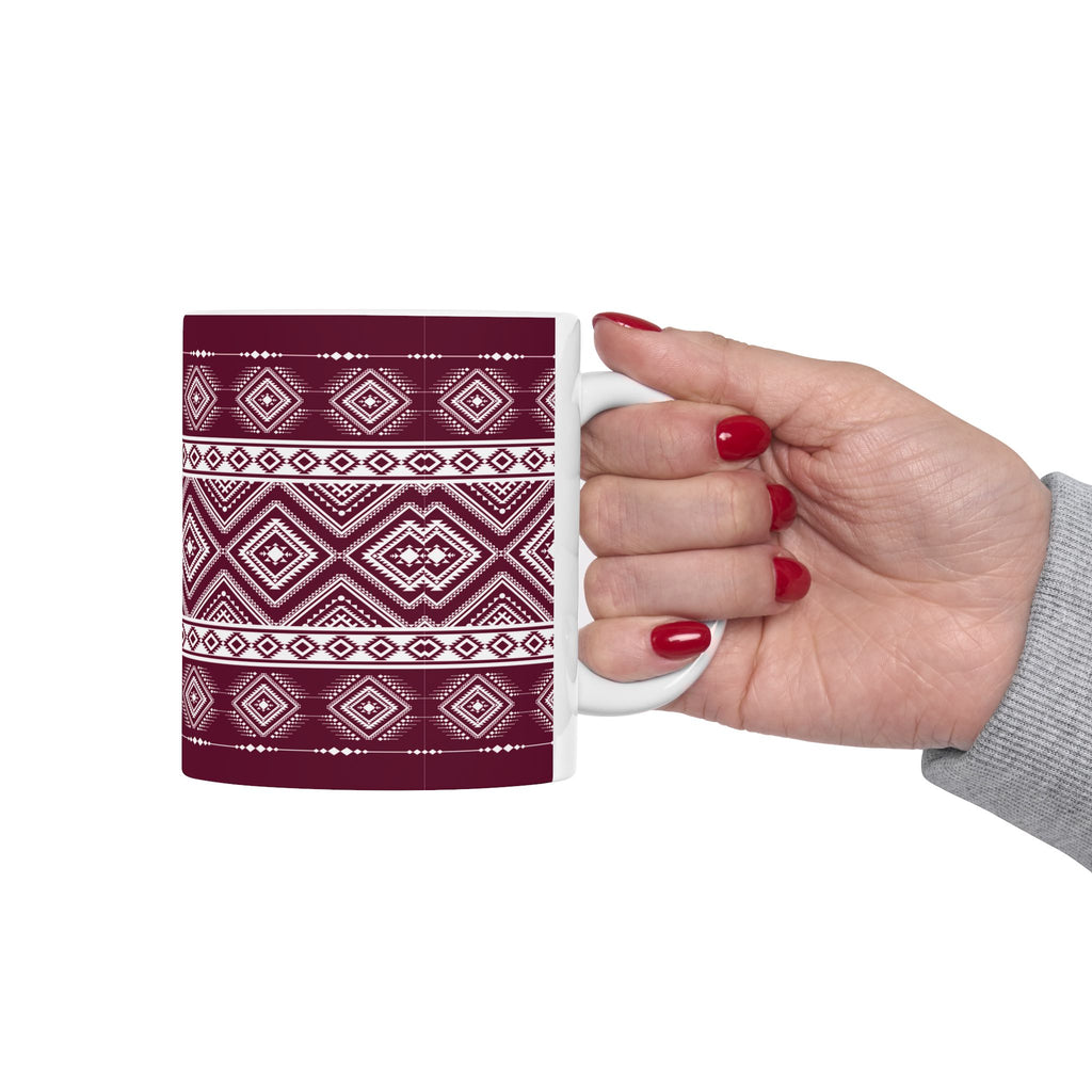 Maroon Aztec Pattern Ceramic Mug – Geometric Tribal Coffee Cup (11oz/15oz)